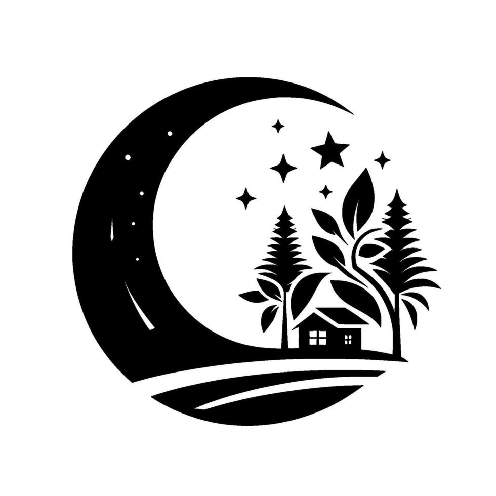 A serene black and white illustration showcasing a house nestled in a forest under a crescent moon and stars, evoking a peaceful night scene. vector