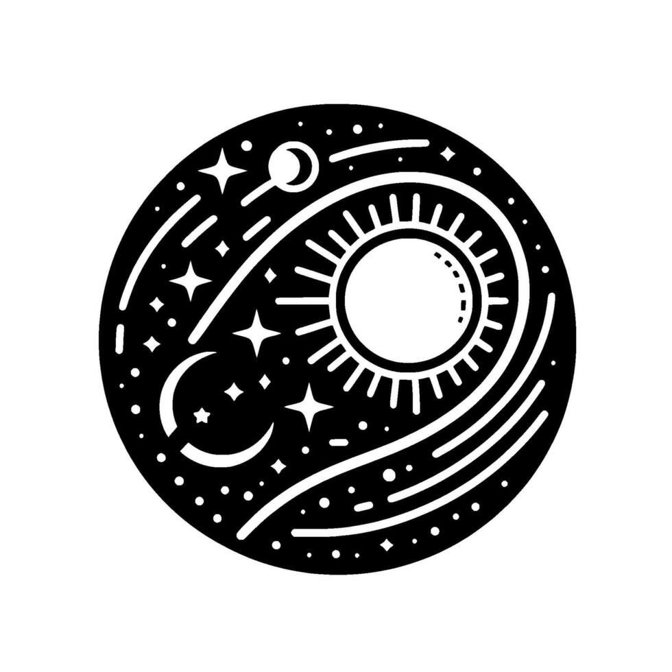 Circular Celestial Illustration Featuring Sun, Moon, Stars, and Cosmic Paths in a Minimalist, Black White . vector