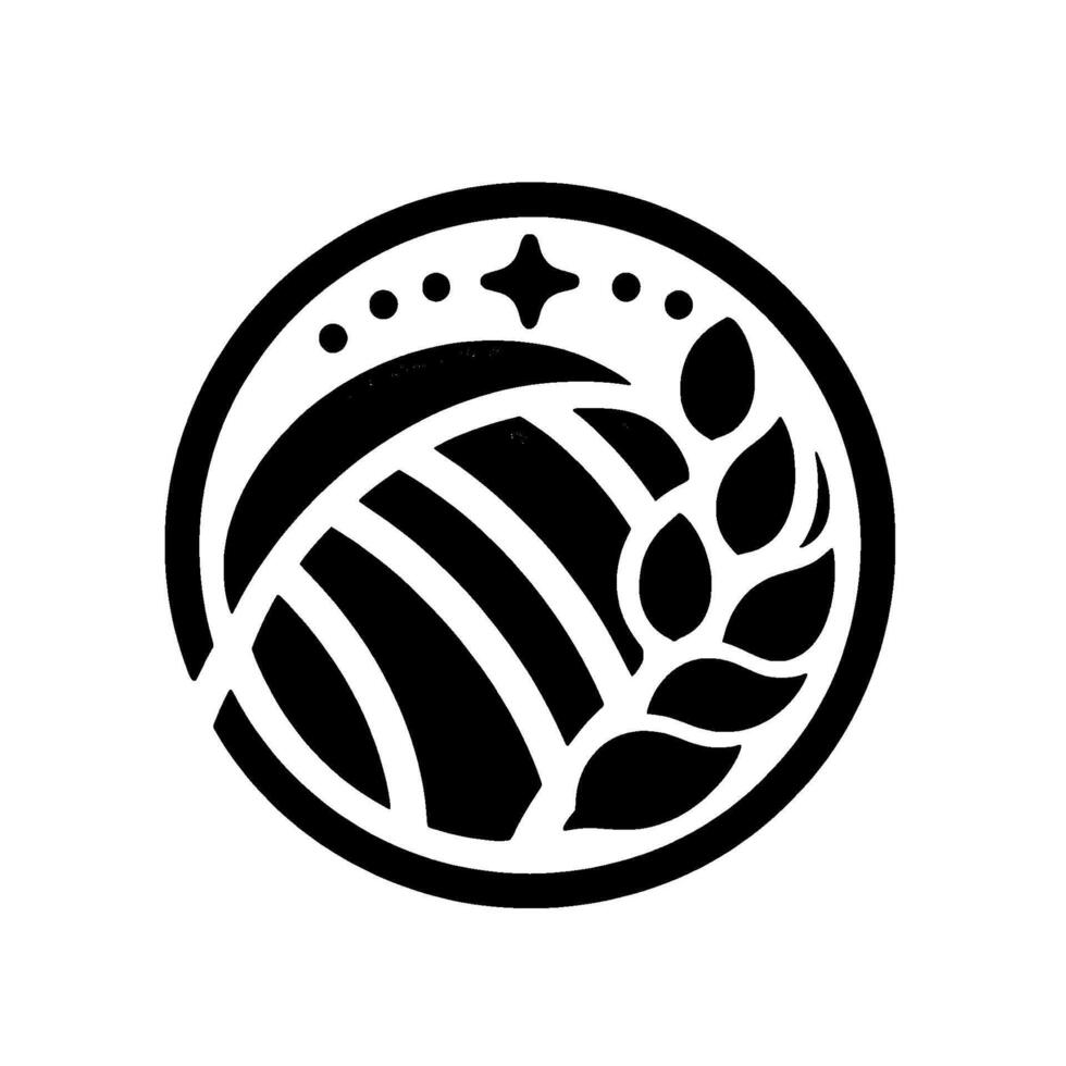 Stylized Black and White Agricultural Emblem with Arched Field Rows, Grain Spike, and StarDot Embellishments within a Circular Frame. vector