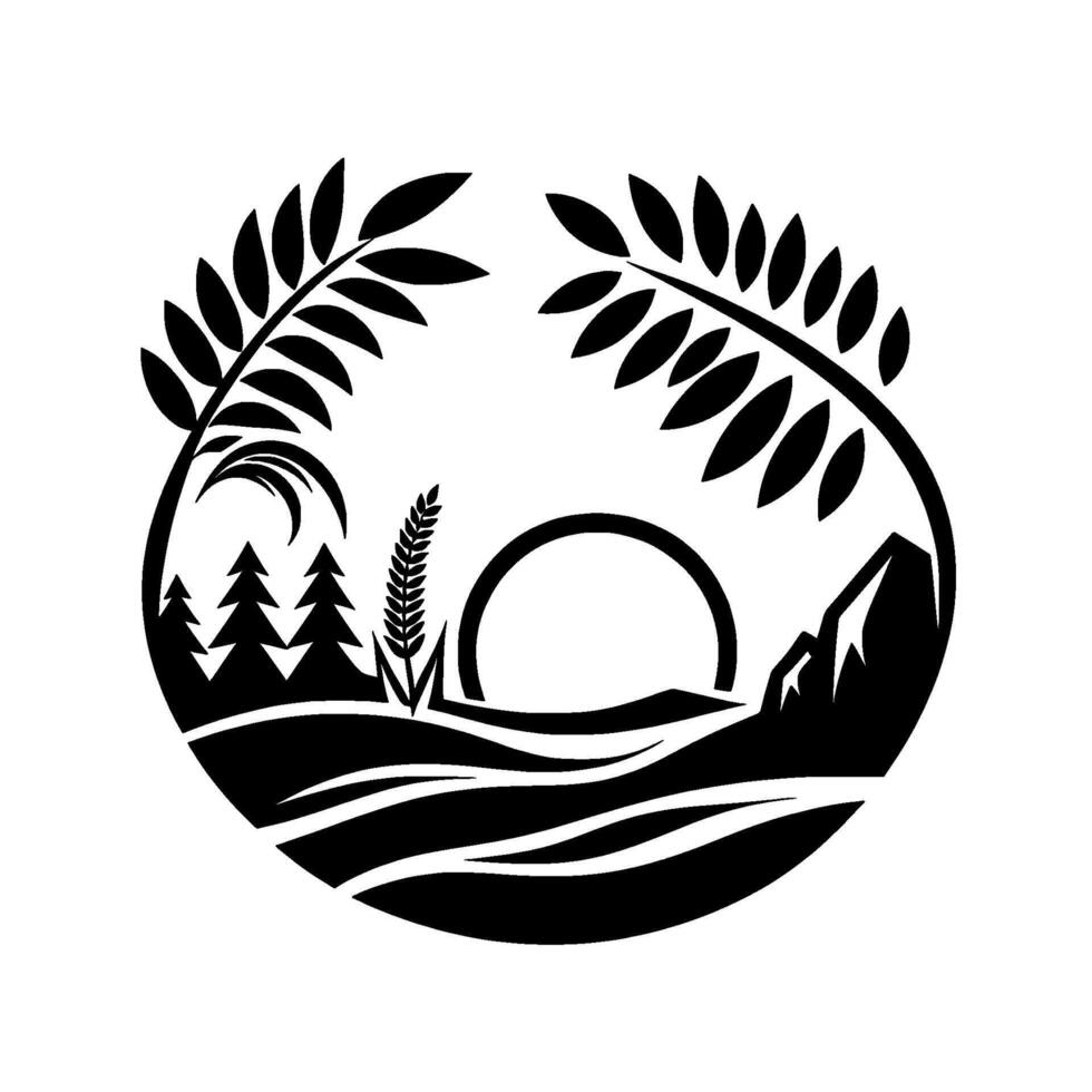 Black and White Circular Illustration of Rural Landscape Wheat, Trees, Hills, and a Rising Sun vector