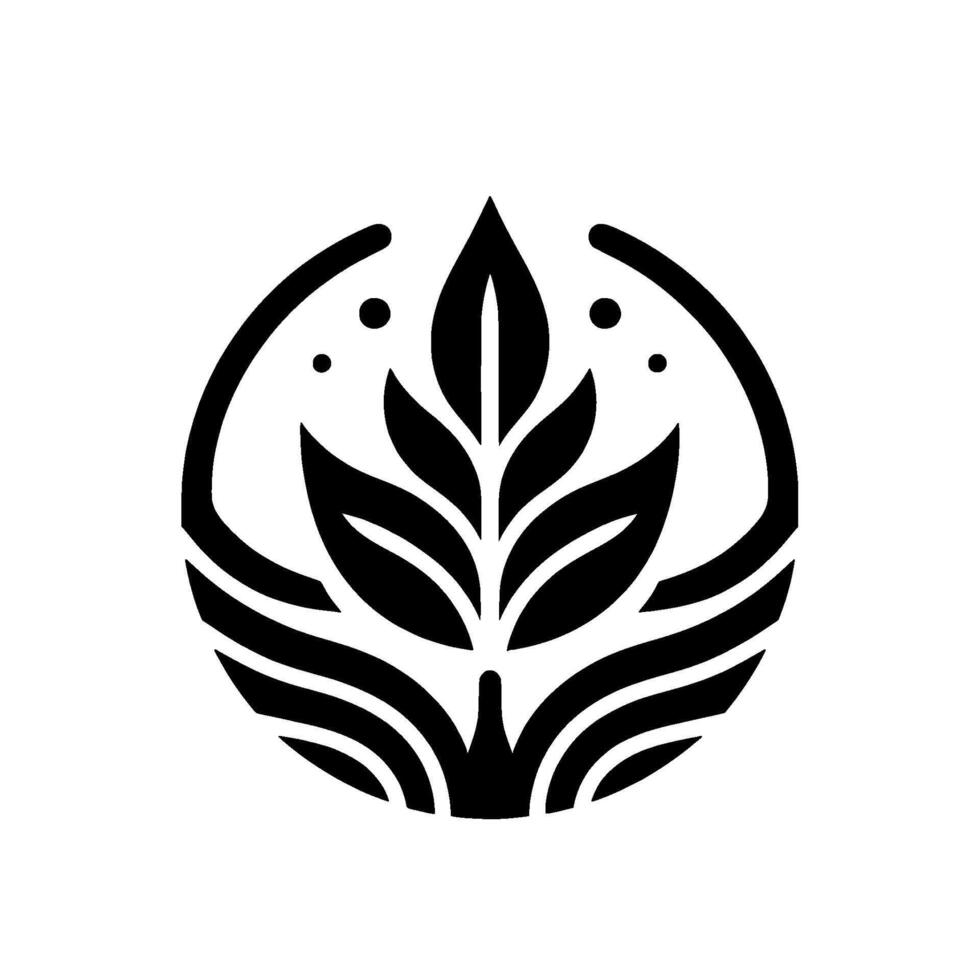 Stylized Black and White Featuring a Leafy Sprig Encased Within a Circular Frame, with Dots and Wave Elements. vector