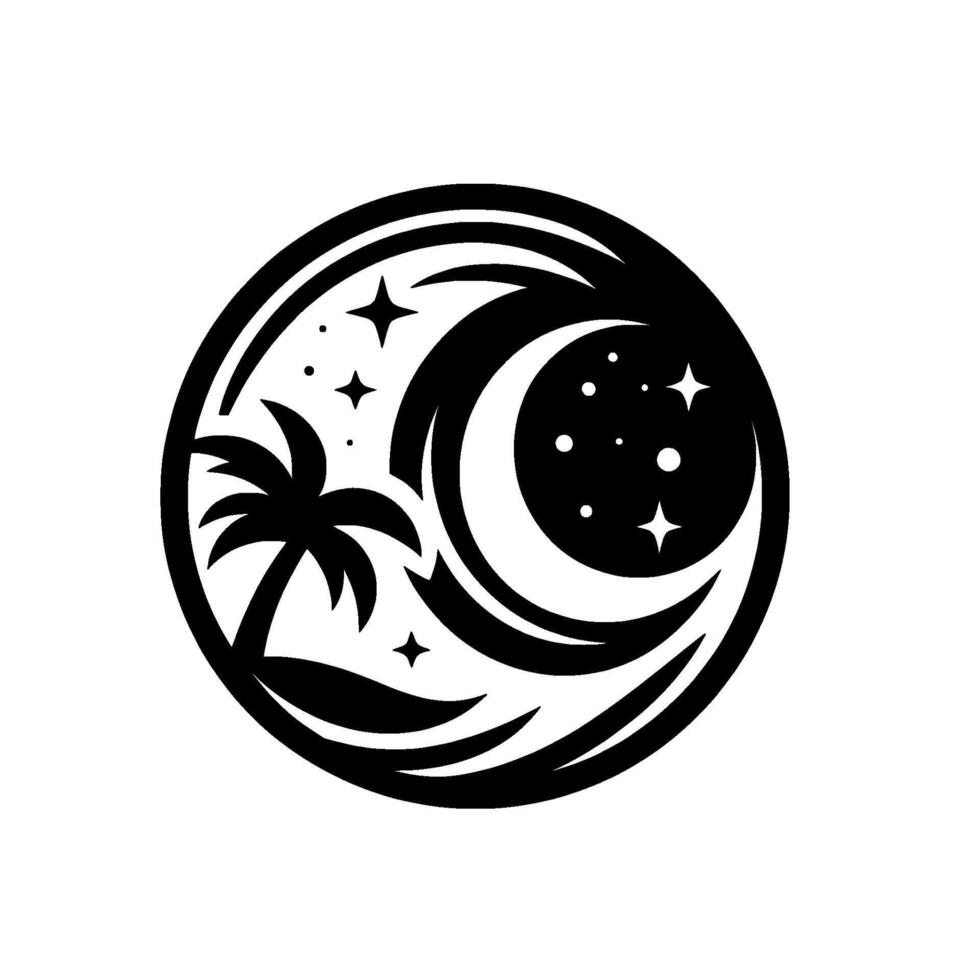 Black and white stylized illustration of a tropical night scene featuring a crescent moon, stars, and a palm tree within a circular . vector