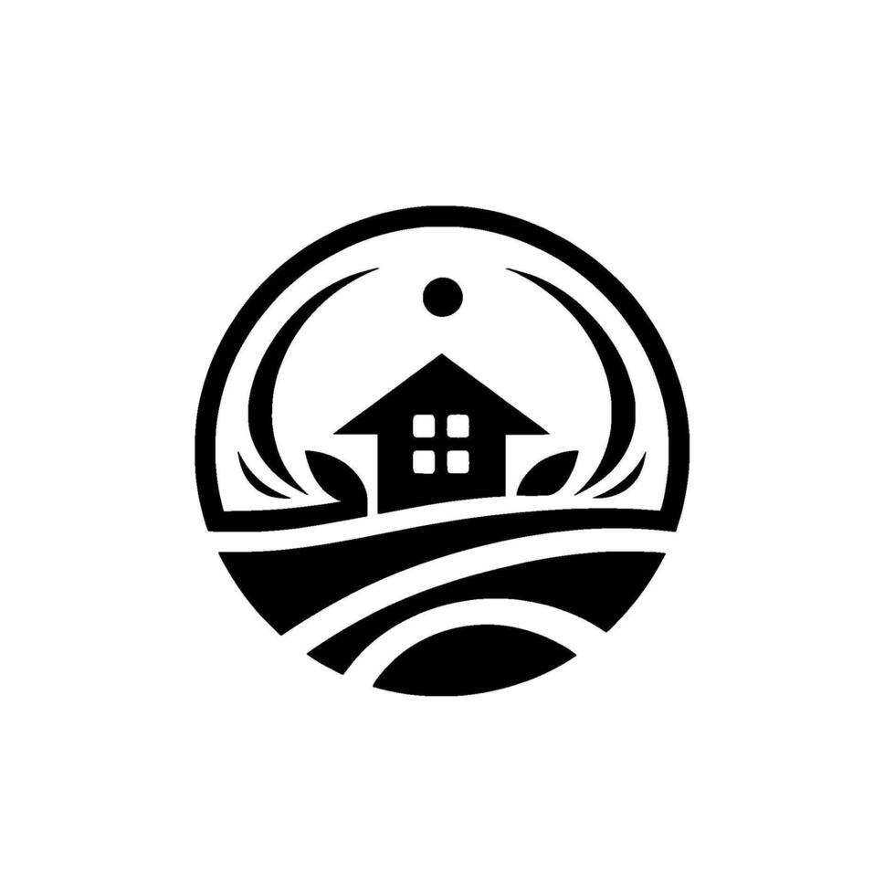 Monochromatic illustration of a house within a circle, surrounded by natural elements and organic lines, evoking a sense of harmony. vector