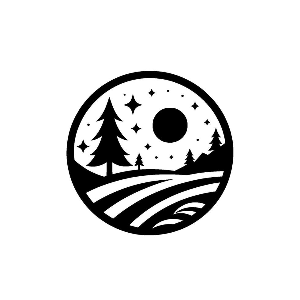 Minimalist Black and White Circular Landscape Moon, Stars, Trees, and Rolling Hills. vector