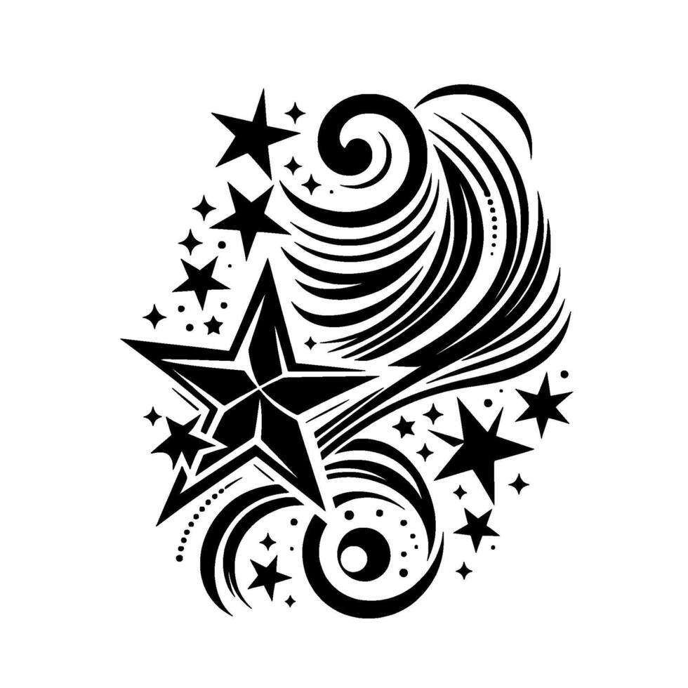 Black and white illustration of a starburst featuring stars, swirls, and decorative elements against a clean white background. vector