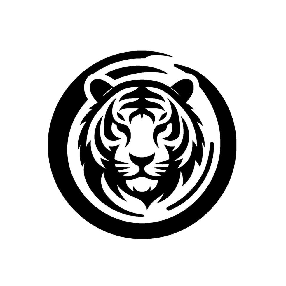 Bold Black and White Circular Illustration of a Tigers Face, Featuring TribalInspired and Strong Silhouette. vector