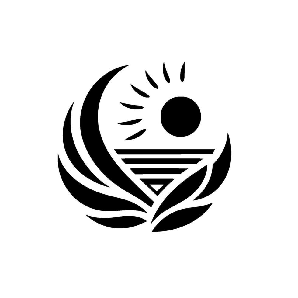 Stylized Black and White Emblem Sun Over Horizon with Geometric and LeafLike Accents. vector