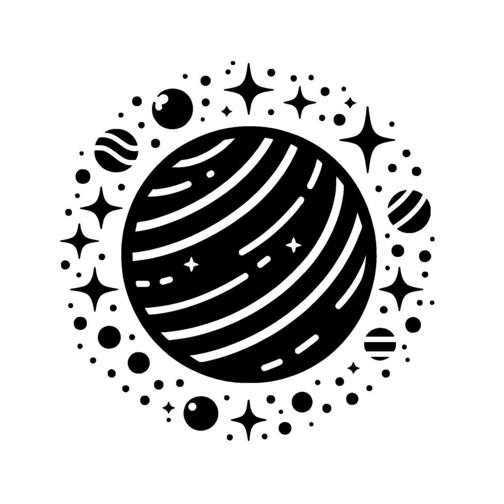 A Black and White Cosmic Illustration Planet encircled by Stars, Moons, and Celestial Dots, creating a minimalist space scene. vector