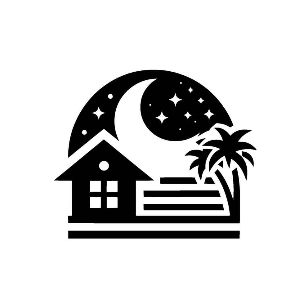 Black and White Illustration of a Tropical House Under a Crescent Moon and Starry Night Sky, Palm Tree Silhouette vector