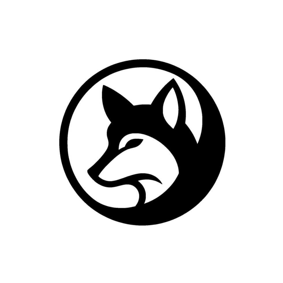 A minimalist, style featuring a black silhouette of a foxs head within a white circular frame against a pure white background. vector