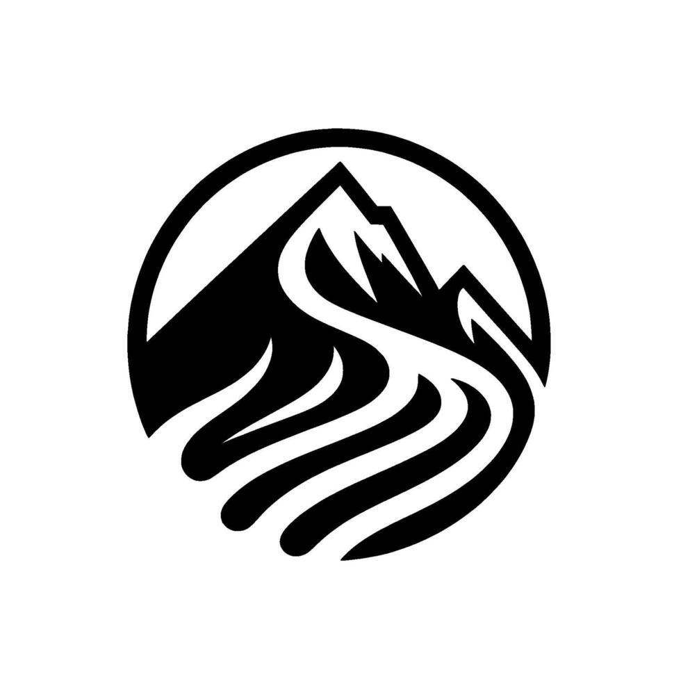 Black and white minimalist featuring stylized mountain peaks within a circular frame, with a flowing river , evoking a sense of nature and adventure. vector