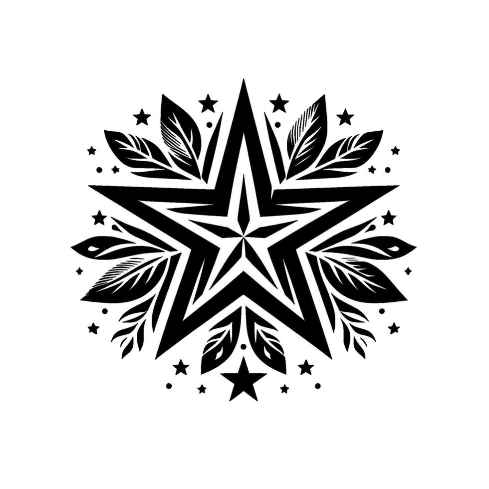 Illustration Black and white starburst with a central star, featherlike elements and surrounding stars on a white background. vector
