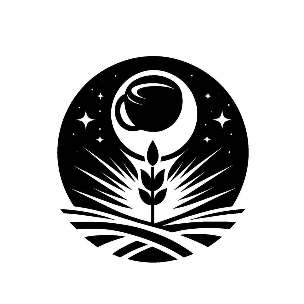 Celestial Coffee Harvest A stylized black and white illustration of a coffee cup cradled by a crescent moon, above a wheat stalk with a radiant burst. vector