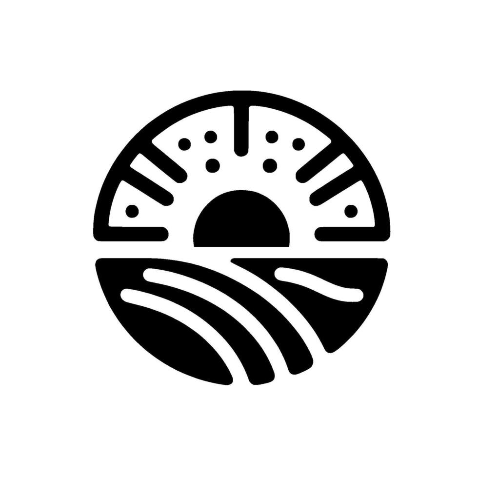 Abstract Black and White Circular Featuring Sun Rising Above Landscape, Minimalist Art, and Geometric Shapes. vector