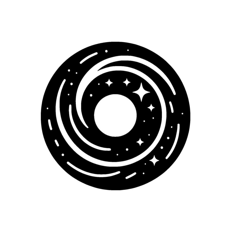 A stylized black and white of a galaxy or celestial swirl, featuring stars and dotted trails. vector