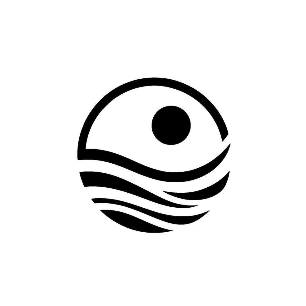 Minimalist Black and White Circle Depicting Sun Over Waves, Representing Tranquility and Balance. vector
