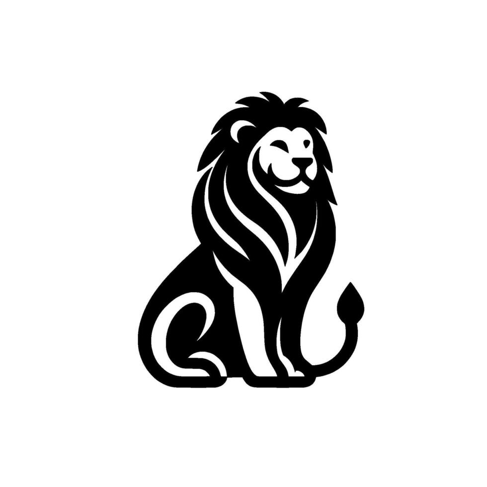 A stoic black and white lion , stylized sitting with an elegant mane, gentle expression, and a minimalist, flat over a white background. vector