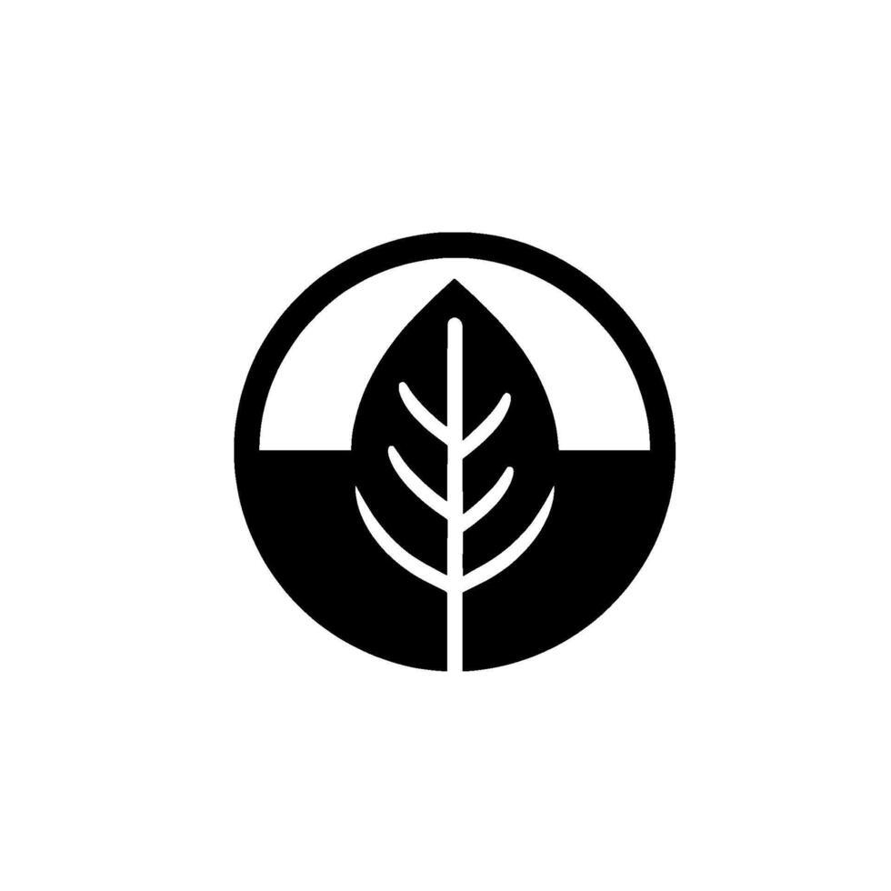Minimalist Emblem Black and White Circular with Stylized Leaf and Geometric Elements, Evoking Nature and Modern Aesthetics. vector