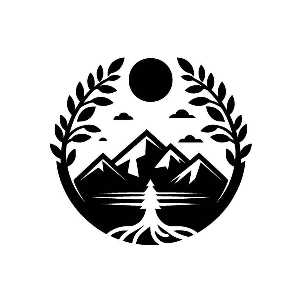 Minimalist Black and White Circular Mountain Landscape with Tree, Sun, Clouds Framed by Foliage, Evoking Natures Serenity vector