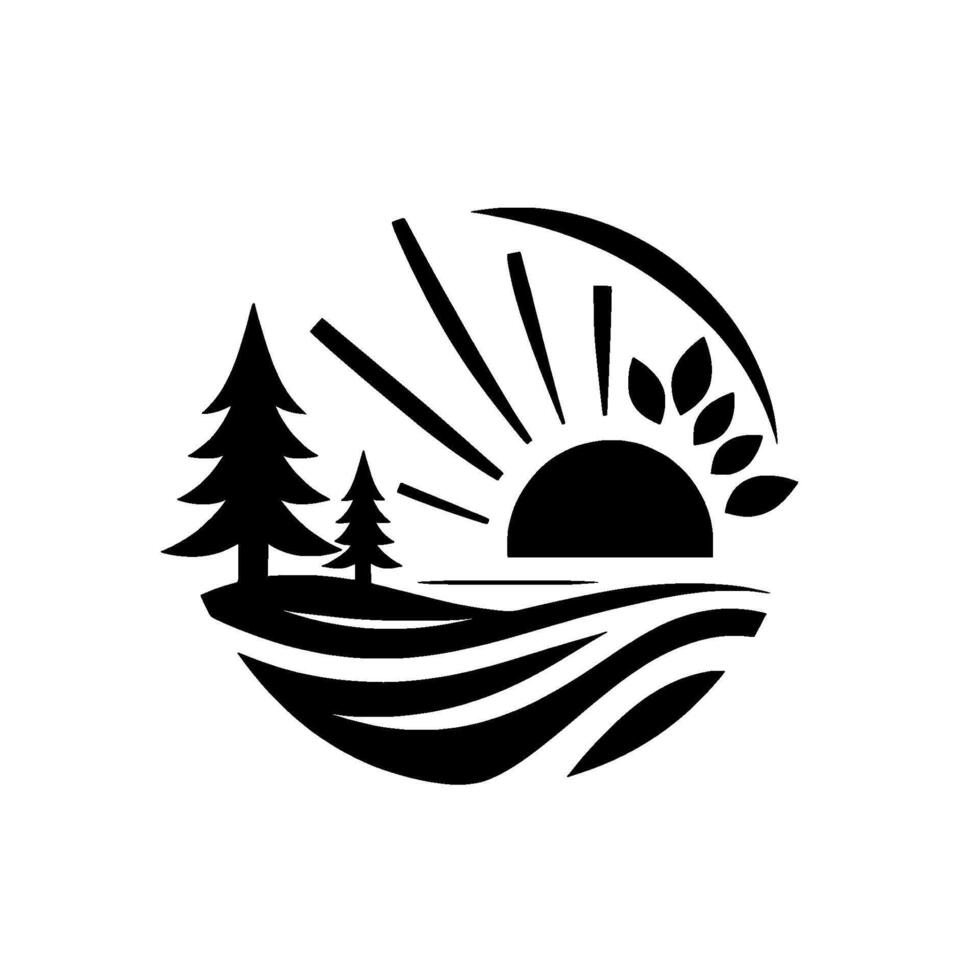 Black and white circular nature emblem featuring stylized trees, sun, land, and water with leaves around suns peak, minimalist . vector