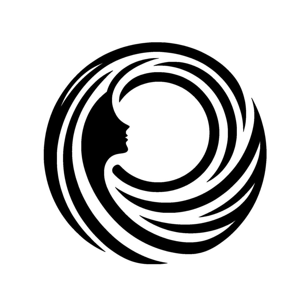 Silhouette of a Womans Profile Within a Swirling, Circular , Black and White, Suggesting Movement Grace. vector