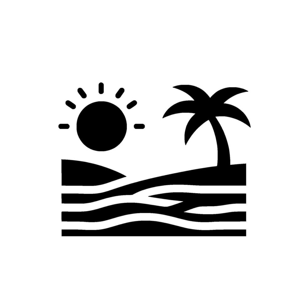 Minimalist Black and White Beach Sun, Palm Tree, Waves and Sand Dunes, Representing a Summer Landscape. vector