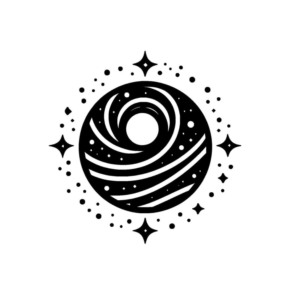 Black and white stylized cosmic featuring a spiral planet ringed with stars, dots, and geometric starbursts. vector
