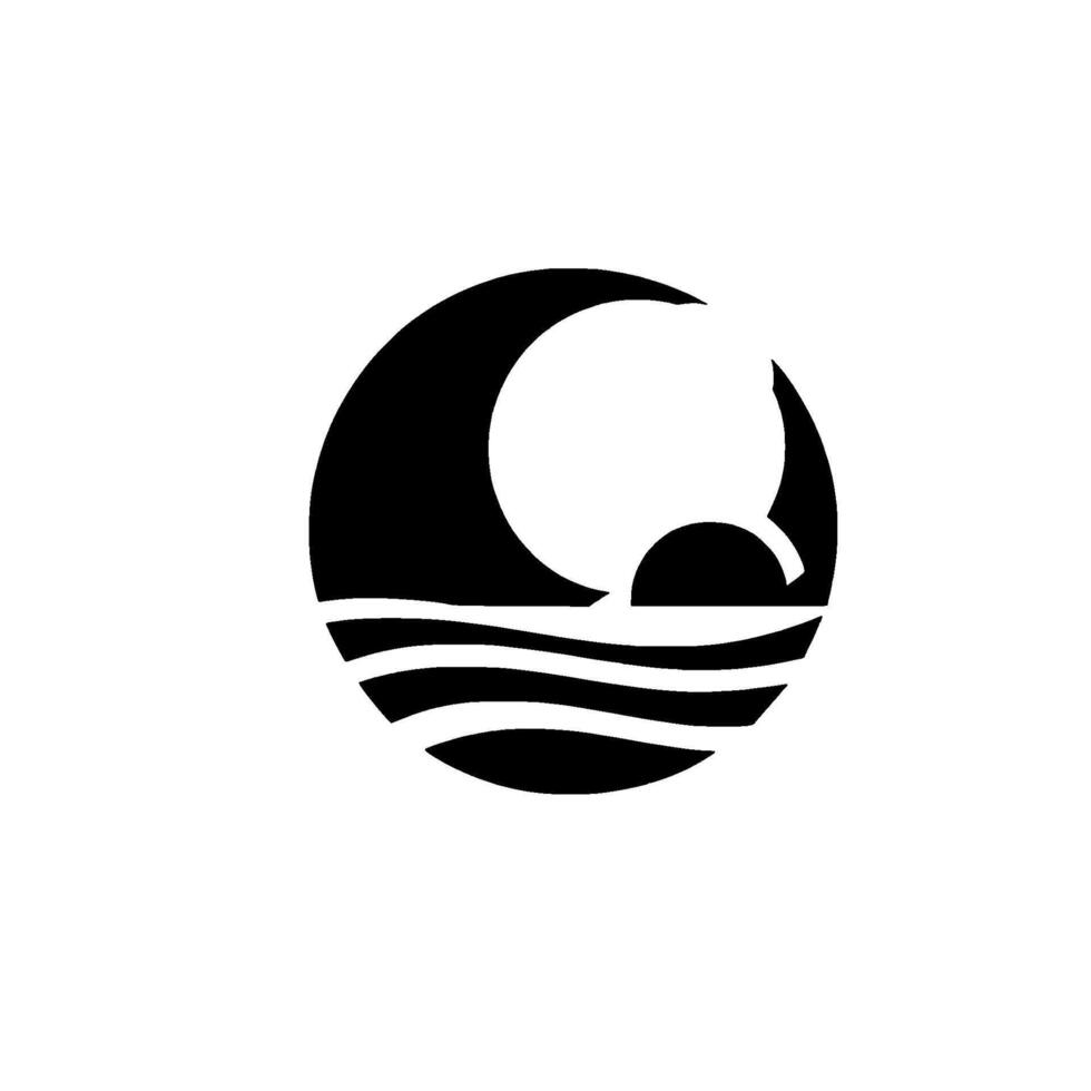 Minimalist Black and White Crescent Moon over Ocean, Sunrise or Sunset, within a Circle. vector