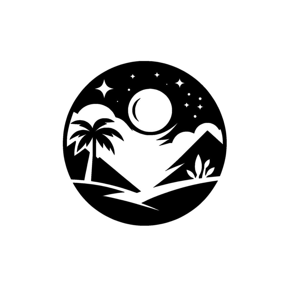 Monochromatic nightscape palm tree and mountains, full moon and stars within circular frame. vector