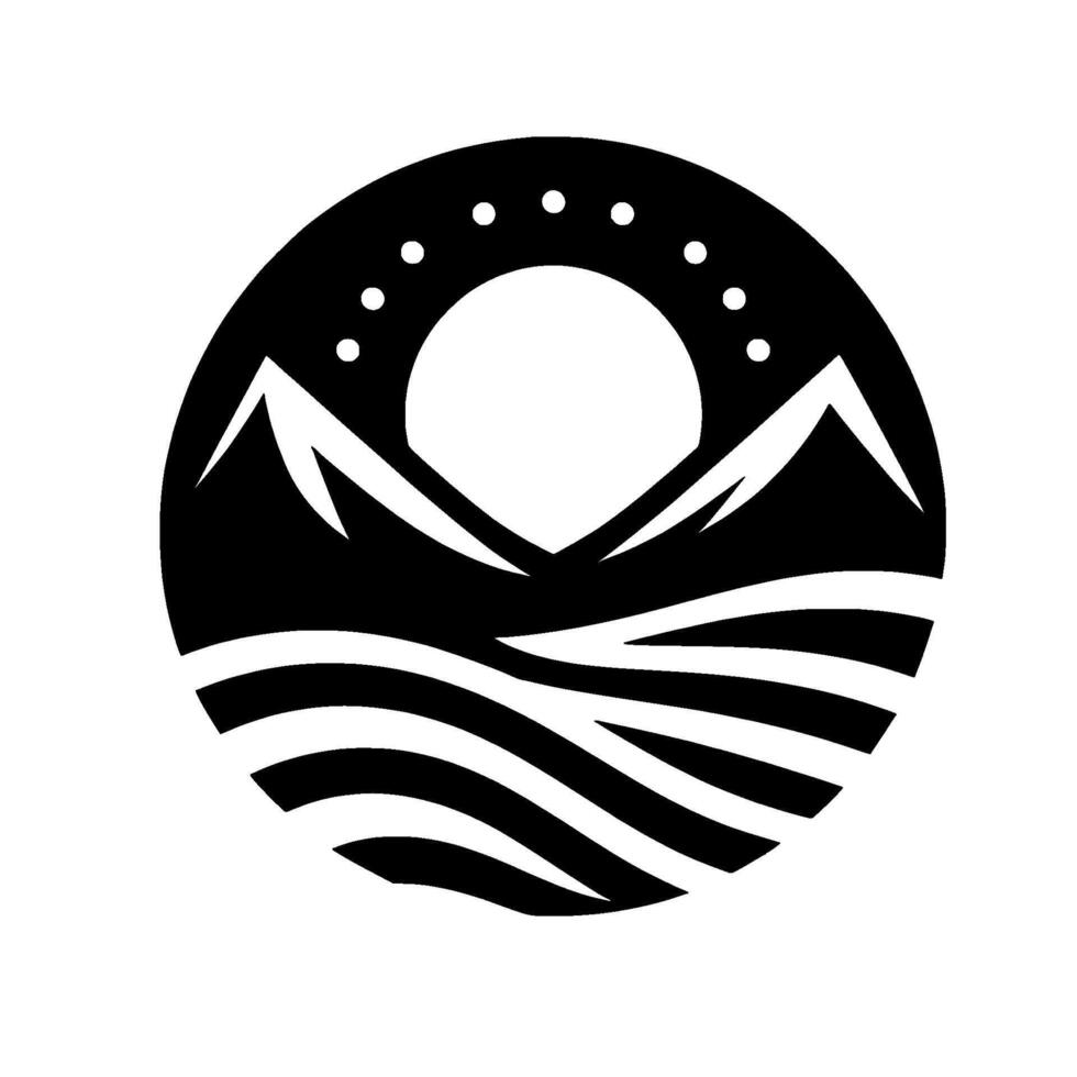 Minimalist Black and White Mountain Landscape in Circular , Sun and Stars Above, Serene Nature vector