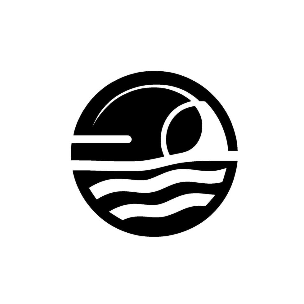 Black and white minimalist of ocean wave cresting over stylized water, encased in a circular frame, representing surfing. vector