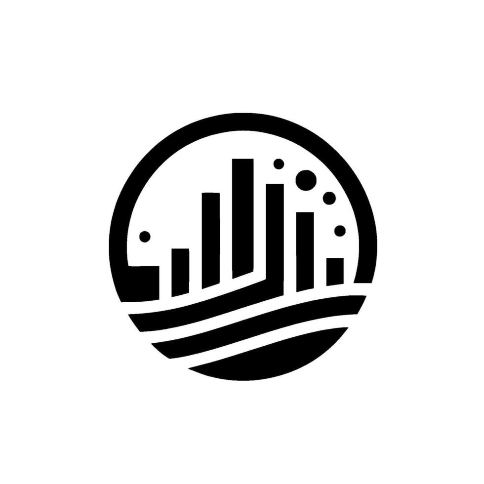 Black and white of abstract stylized city skyline within a circle with wavy lines, and dots. vector
