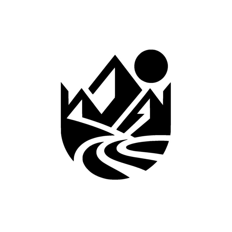 Geometric Black and White Mountain Landscape Featuring a Sun and Curving Road. vector