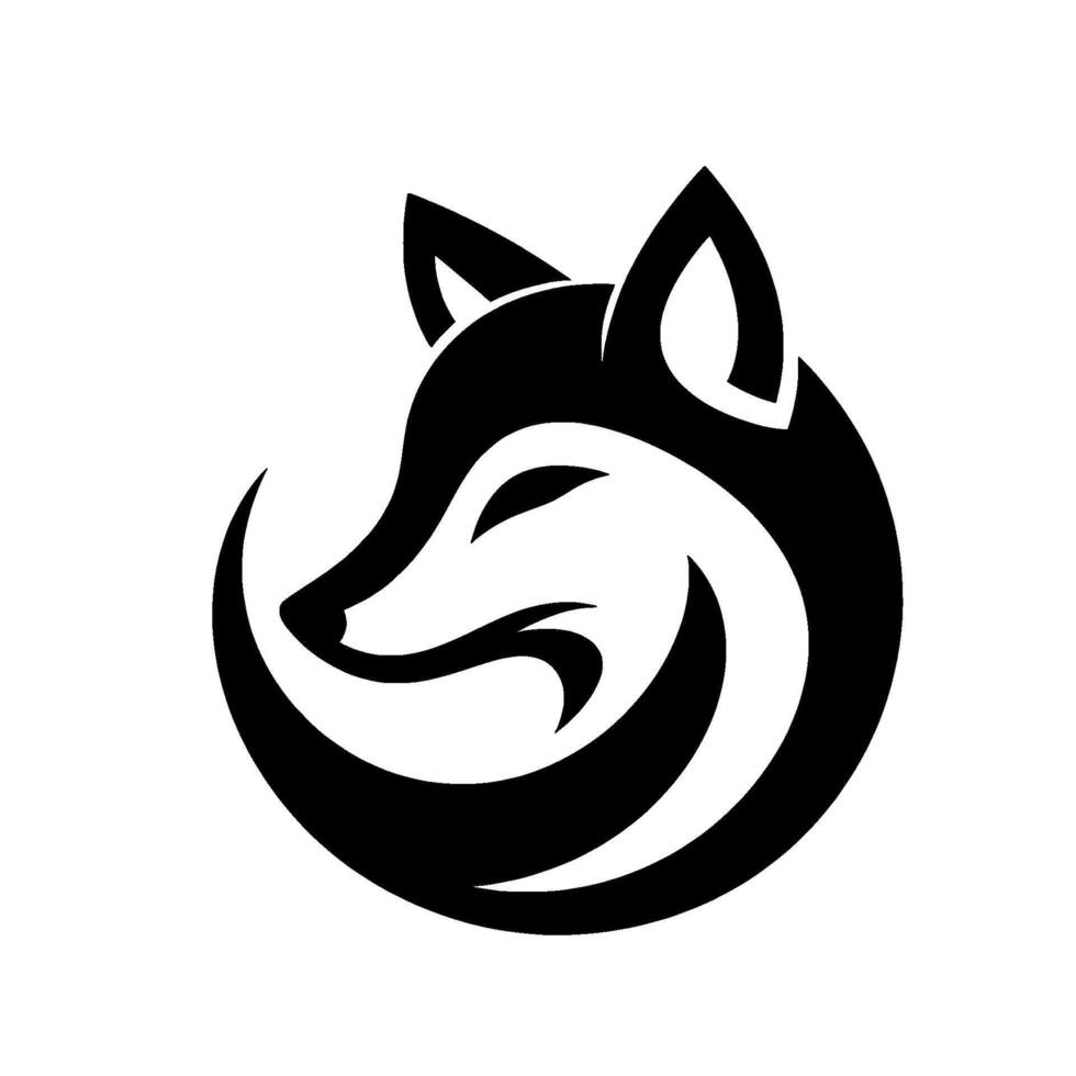 Minimalist, stylized black and white emblem of a serene fox head, composed in a circular , evoking a sense of calm and elegance. vector