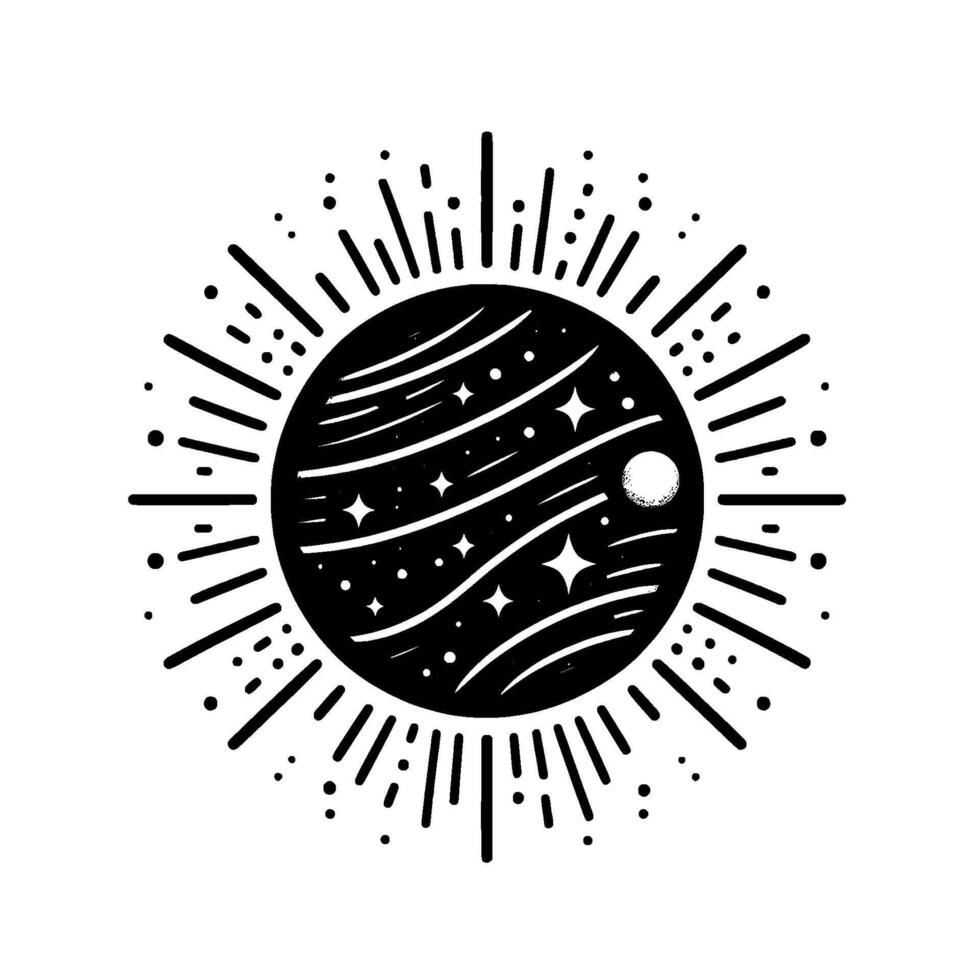 A striking, black and white stylized depiction of a celestial body with radiating lines and stars, evoking a sense of cosmic energy and space. vector