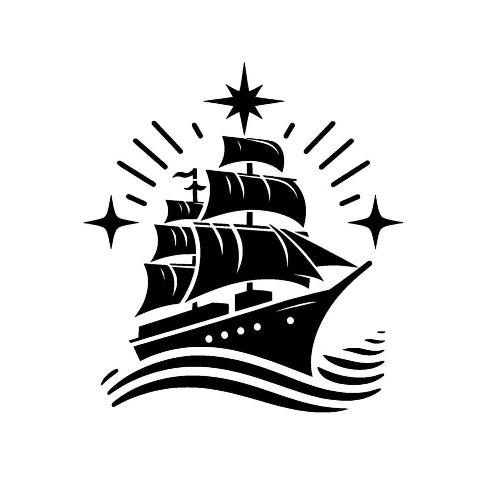 Silhouette of a tall sailing ship navigating choppy waters, adorned with radiant stars, capturing a sense of adventure and nautical heritage. vector