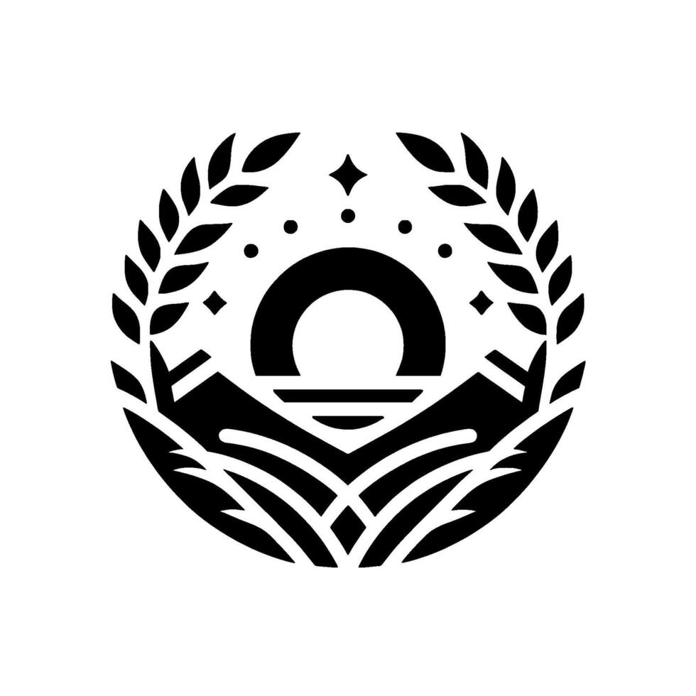 Symbolic Black and White Circle Composition Depicting Mountains, Sun, Stars, and Laurel Wreath in Minimalist Silhouette. vector
