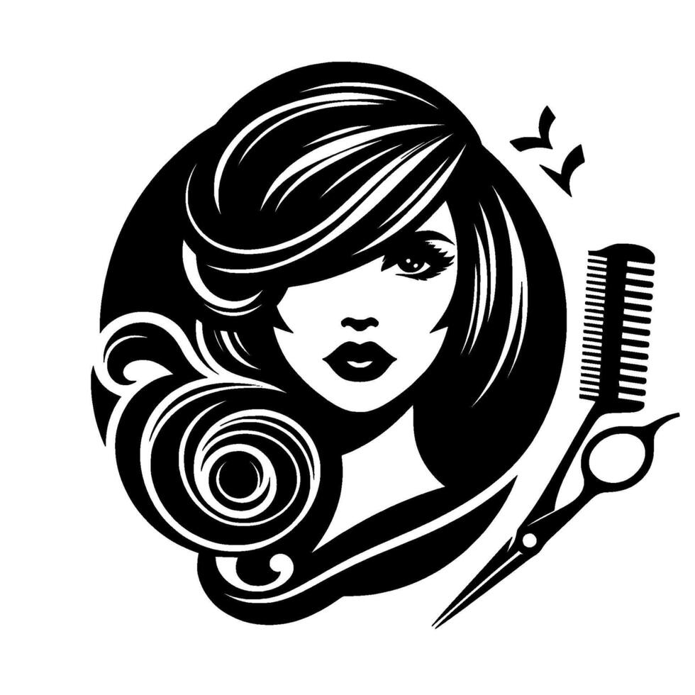 Stylized blackandwhite art of a woman with luxurious wavy hair, comb, and scissors, a classic salon concept. vector