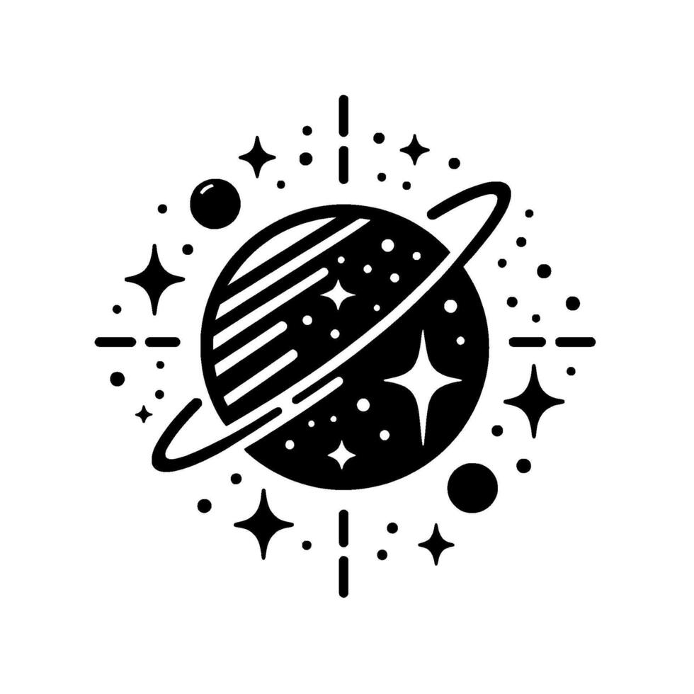 Minimalist black and white space illustration featuring a planet with a ring, stars, and celestial bodies, conveying cosmic wonder. vector