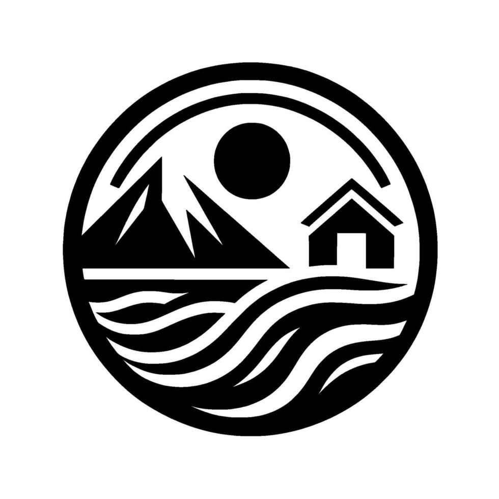 Monochromatic round featuring a mountain, sun, house by a body of water, with swirling waves, creating a serene minimalist . vector
