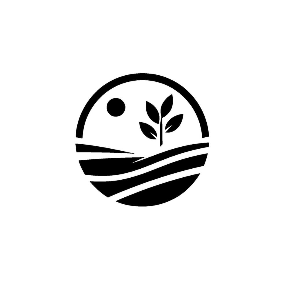 Minimalist monochrome circular depicting a young plant rising from a rolling agricultural landscape under a sun, promoting growth. vector