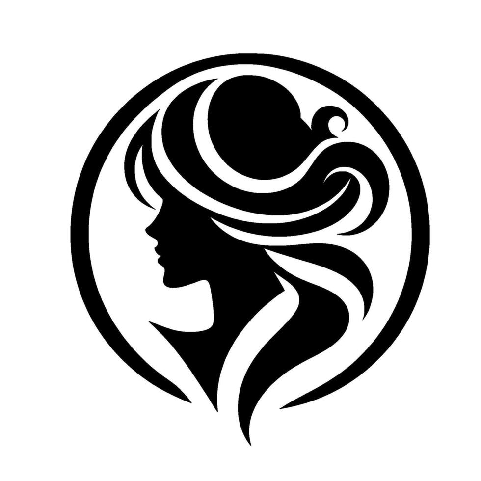 Silhouette of a woman with flowing hair within a circular frame, depicting elegance, style, and grace in a clean black and white . vector