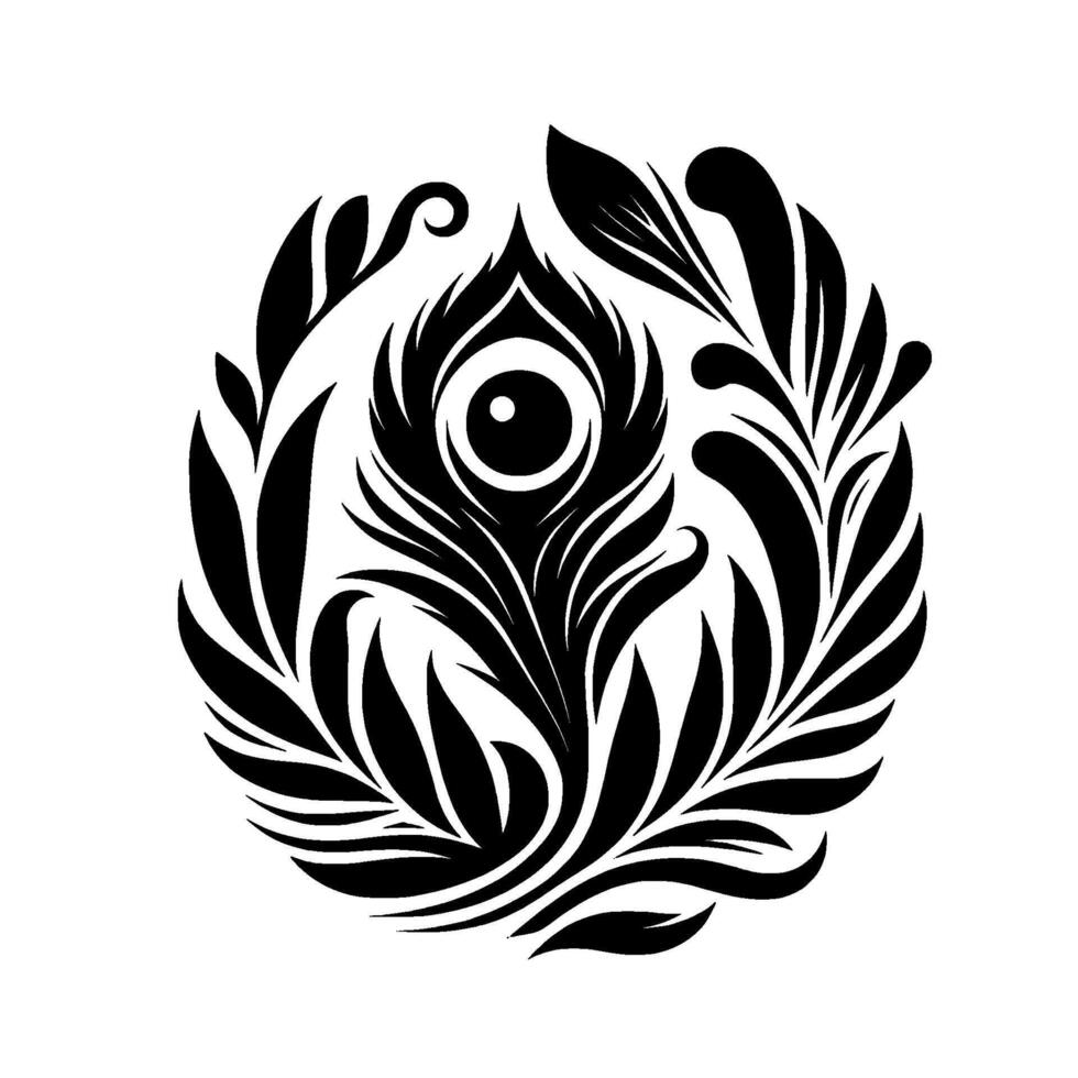 Elegant Black and White Floral Emblem Featuring a Peacock Eye at Center, Framed by Leaves and Tendrils. vector