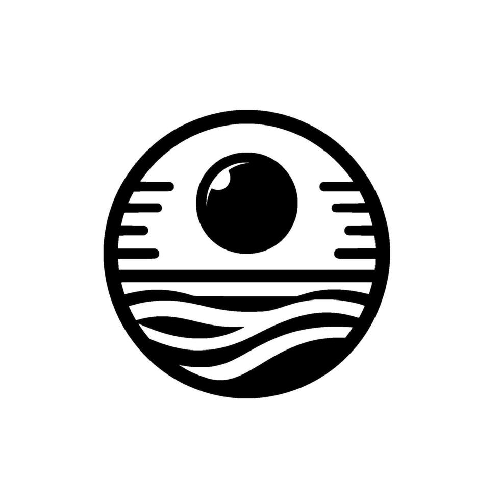 Monochromatic Circular Emblem Abstract Representation of Sunset Over the Ocean with Geometric Waves and Horizontal Lines. vector