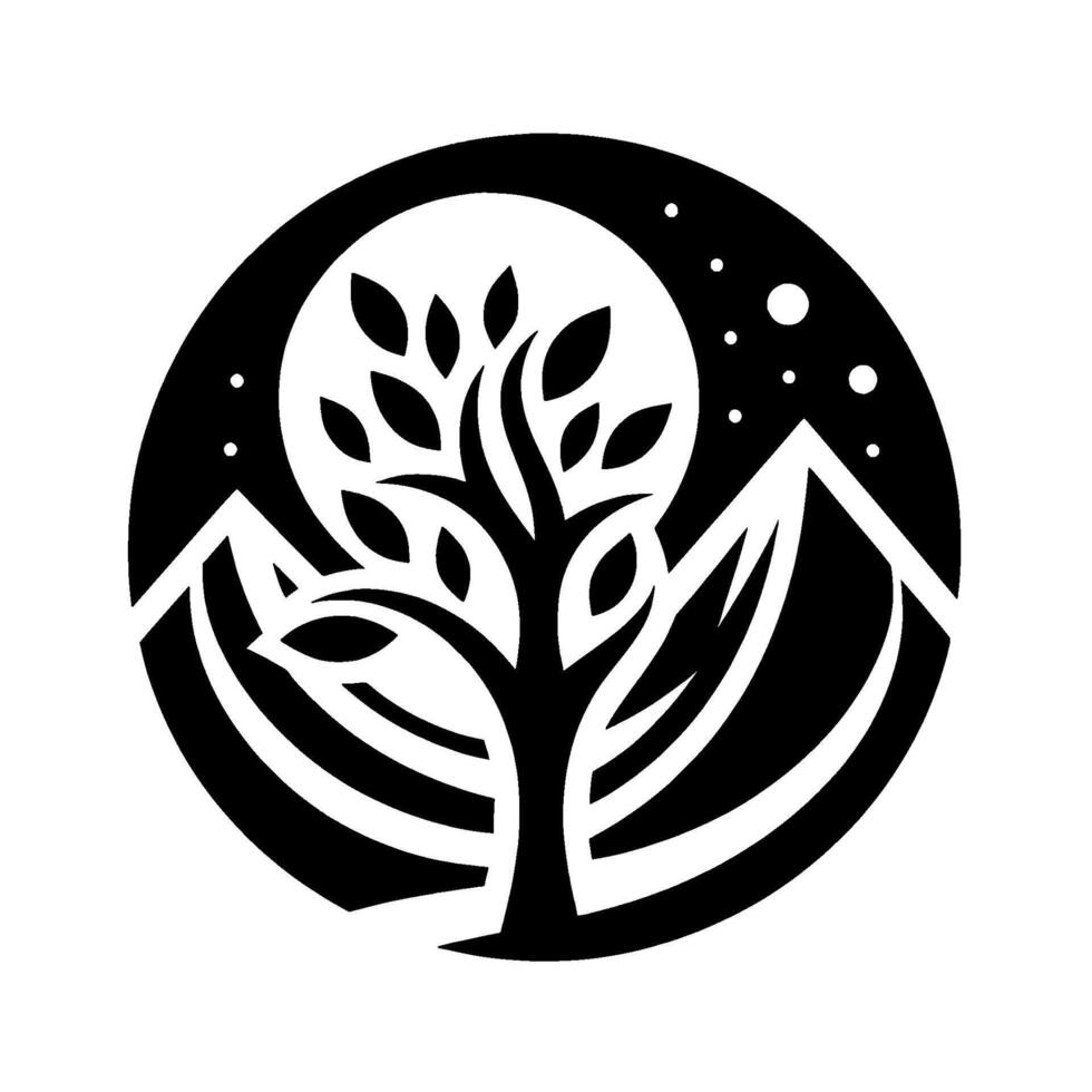 Black and White Circular Emblem Stylized Tree, Mountains, Full Moon, and Stars, Representing Natures Beauty and Serenity. vector