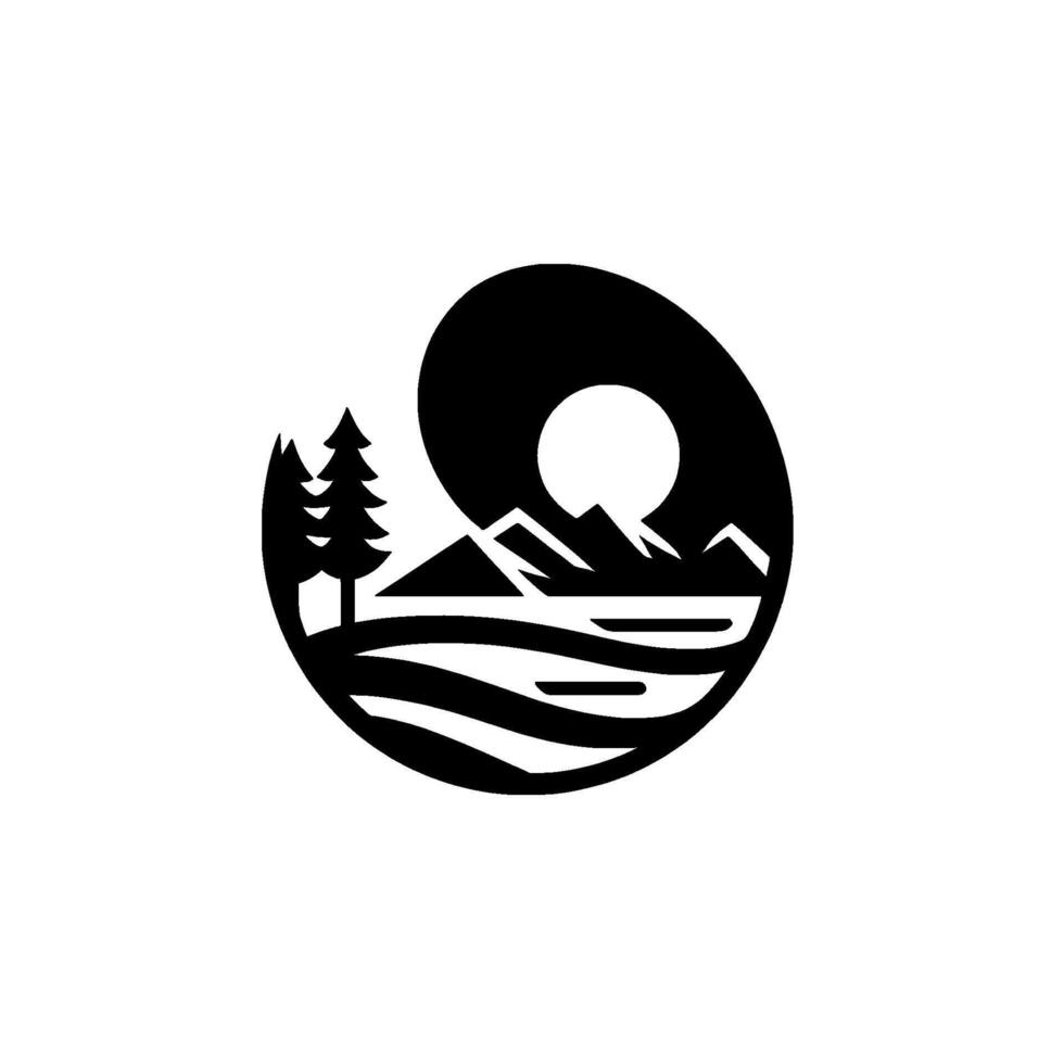 A circular, minimalist black and white landscape , featuring mountains, trees, a sun, and water, creating a harmonious balance. vector