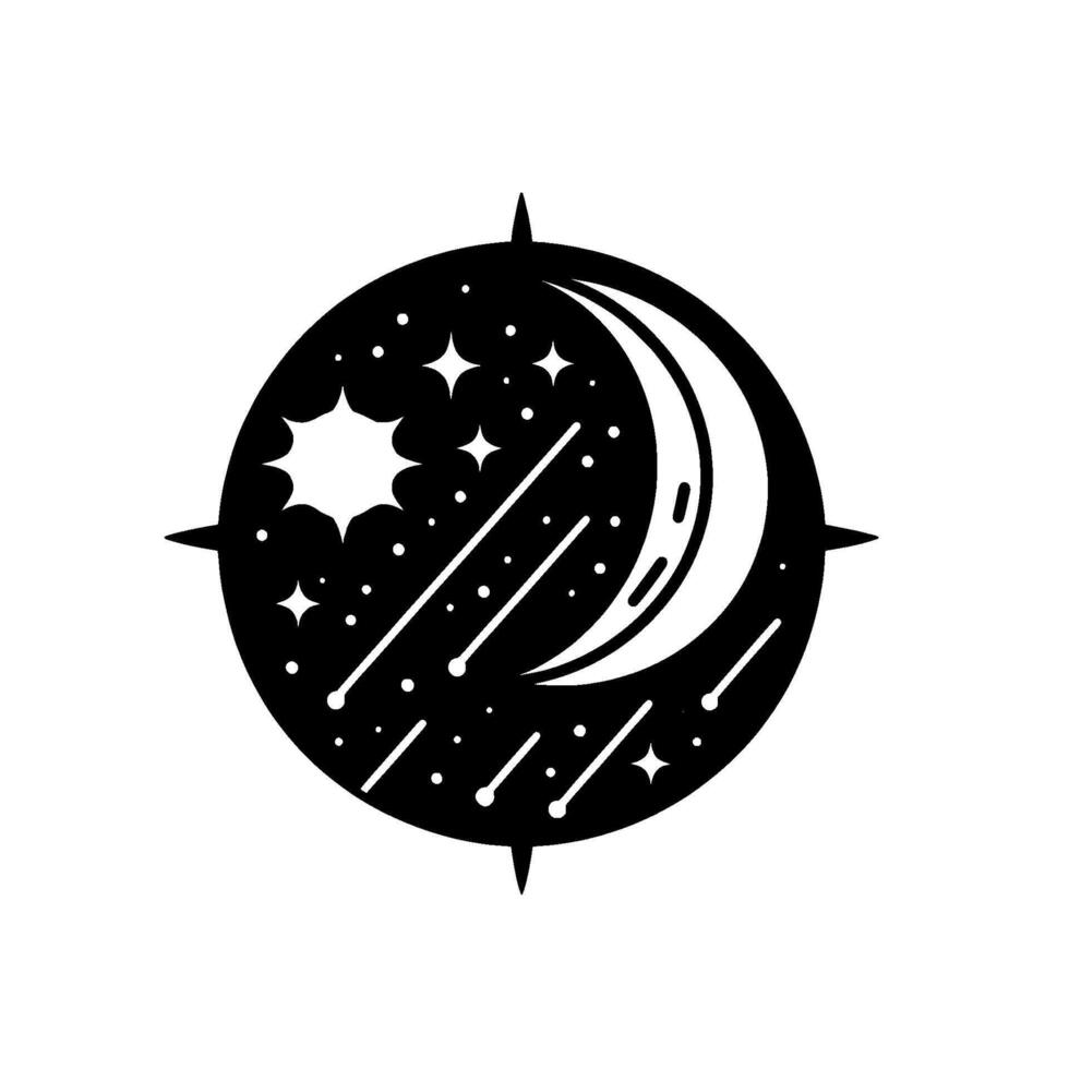 Circular Black and White Minimalist Celestial Crescent Moon, Star, Shooting Stars, and Compasslike Edges vector