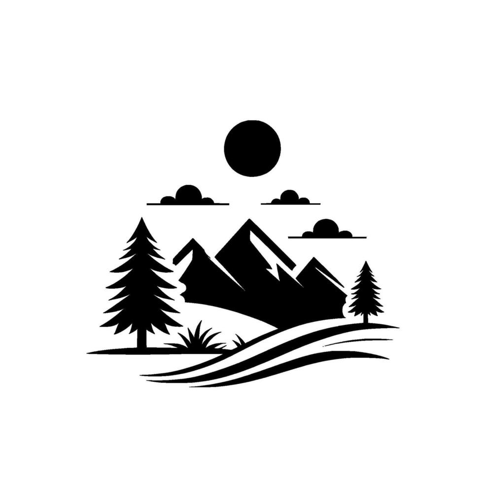 Minimalist black and white landscape silhouette featuring mountains, sun, clouds, trees, and rolling hills for a natureinspired . vector