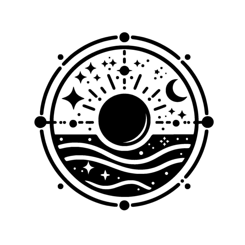 Black and White Cosmic Mandala Sun, Moon, Stars, and Waves in a Circular, Minimalist . vector