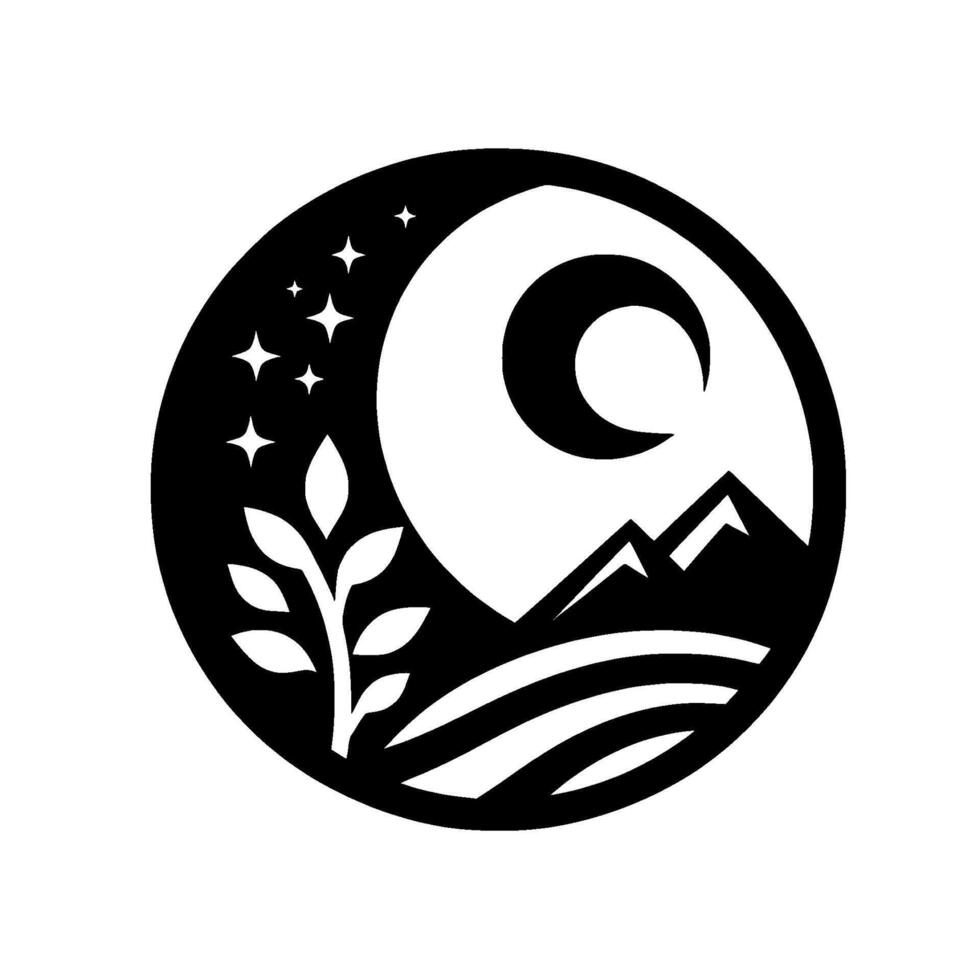 Black and White Celestial Landscape in Circle Crescent Moon, Stars, Mountains, Fields, and Floral Detail. vector